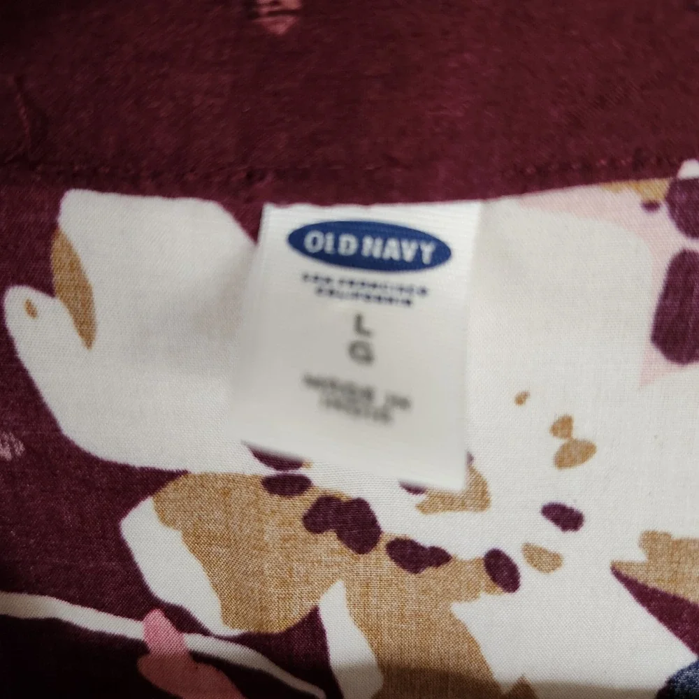 OLD NAVY Womens L Peasant Dress Maroon Floral Lace Up Pleated Boho Long Sleeve